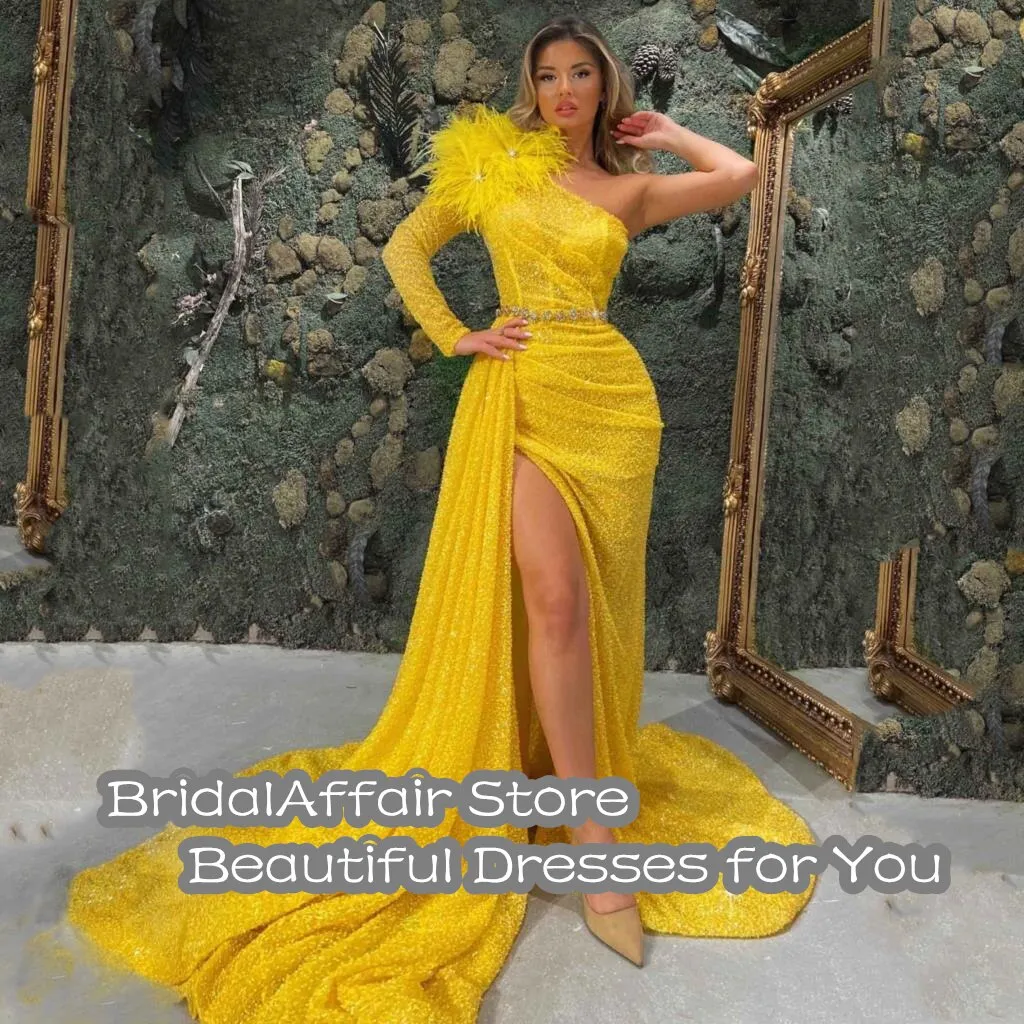 Yellow Mermaid One Shoulder Long Sleeve Feathers High Split Dress