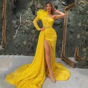 Yellow Mermaid One Shoulder Long Sleeve Feathers High Split Dress