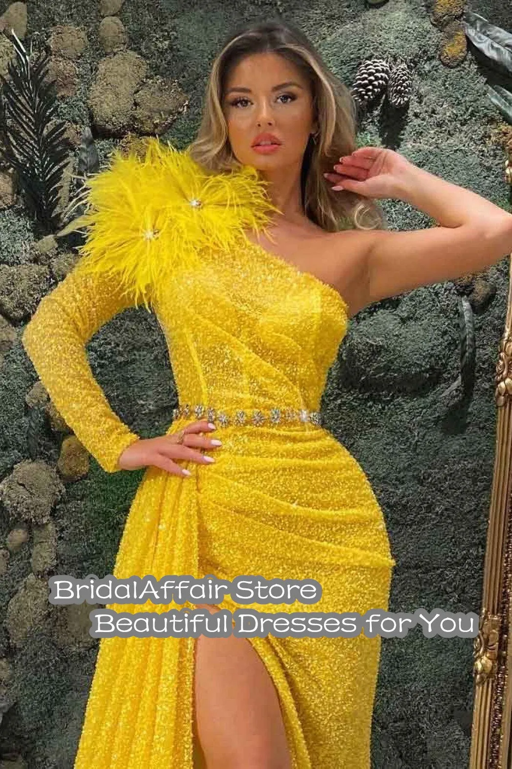 Yellow Mermaid One Shoulder Long Sleeve Feathers High Split Dress